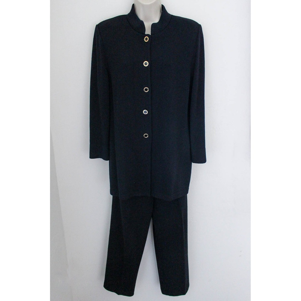 St. John Pants Suit Size 12 Black Santana Knit Gold Button Up Jacket 2-Piece Set